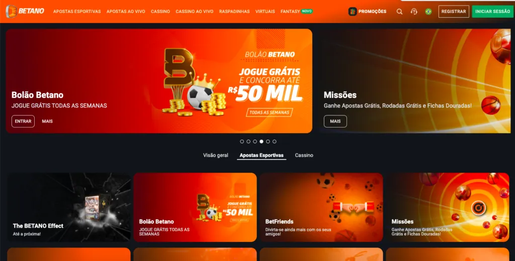 Página de promoções da Betano Brasil com ofertas para apostas esportivas