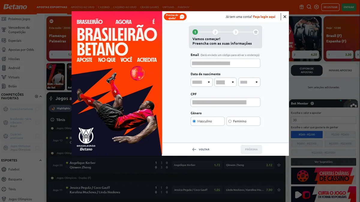 Formulário de cadastro da Betano Brasil com campos de email, data de nascimento e CPF