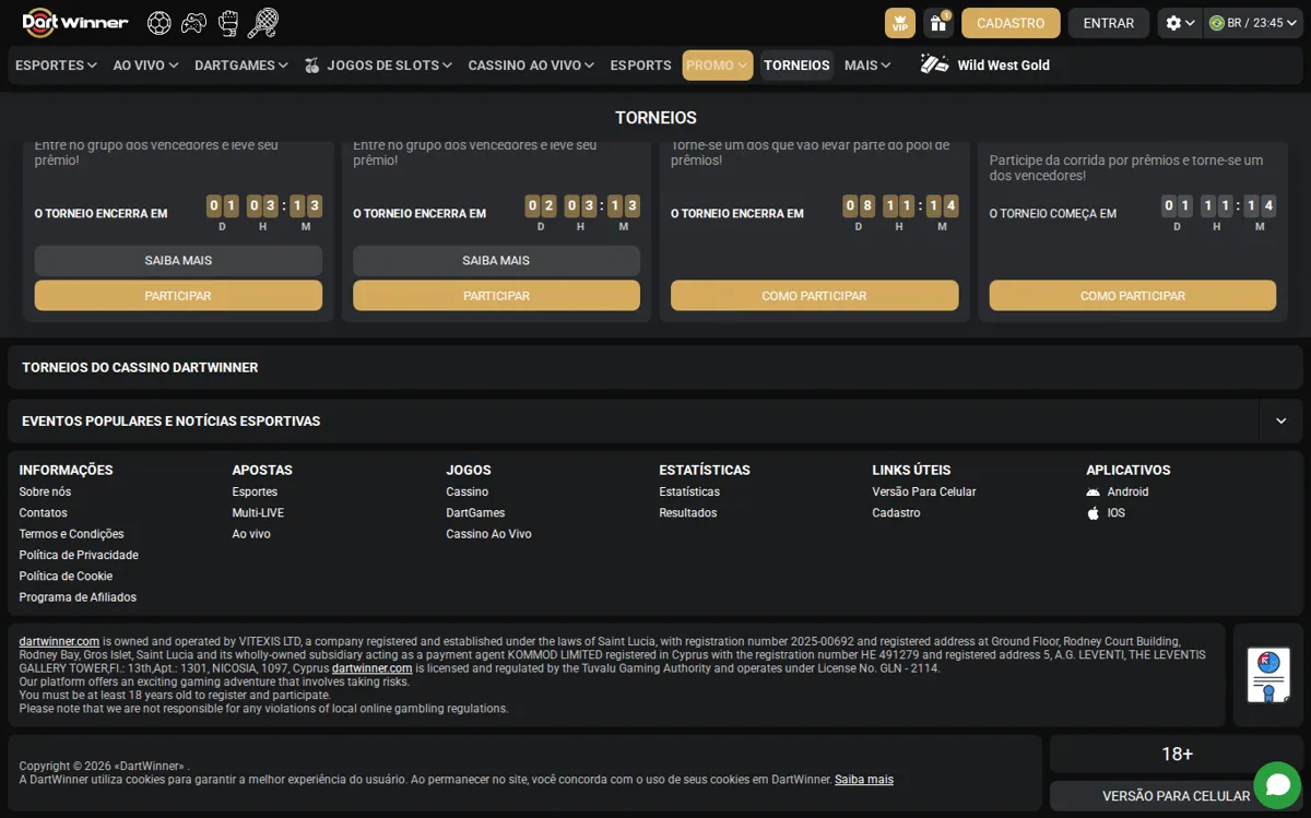 Seção de torneios da DartWinner com cards de torneios ativos e contagens regressivas